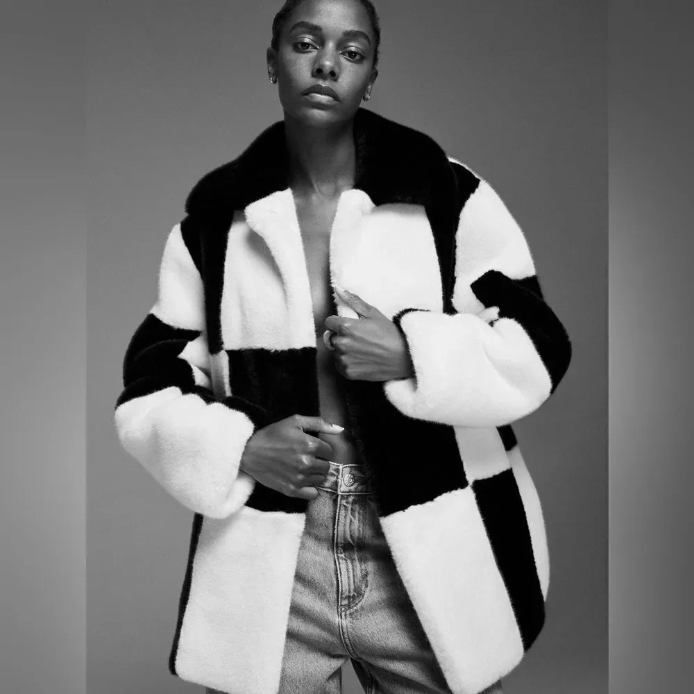 Mango Iconic Checked Fur Coat New - Picture 6 of 7